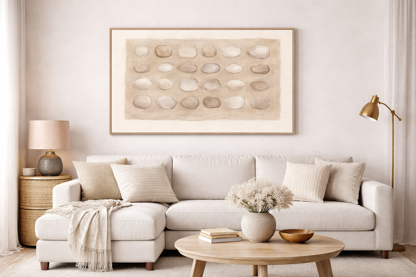Calm Stones Medium - Framed Printed Canvas - Light Natural Frame - 80 x 160cm