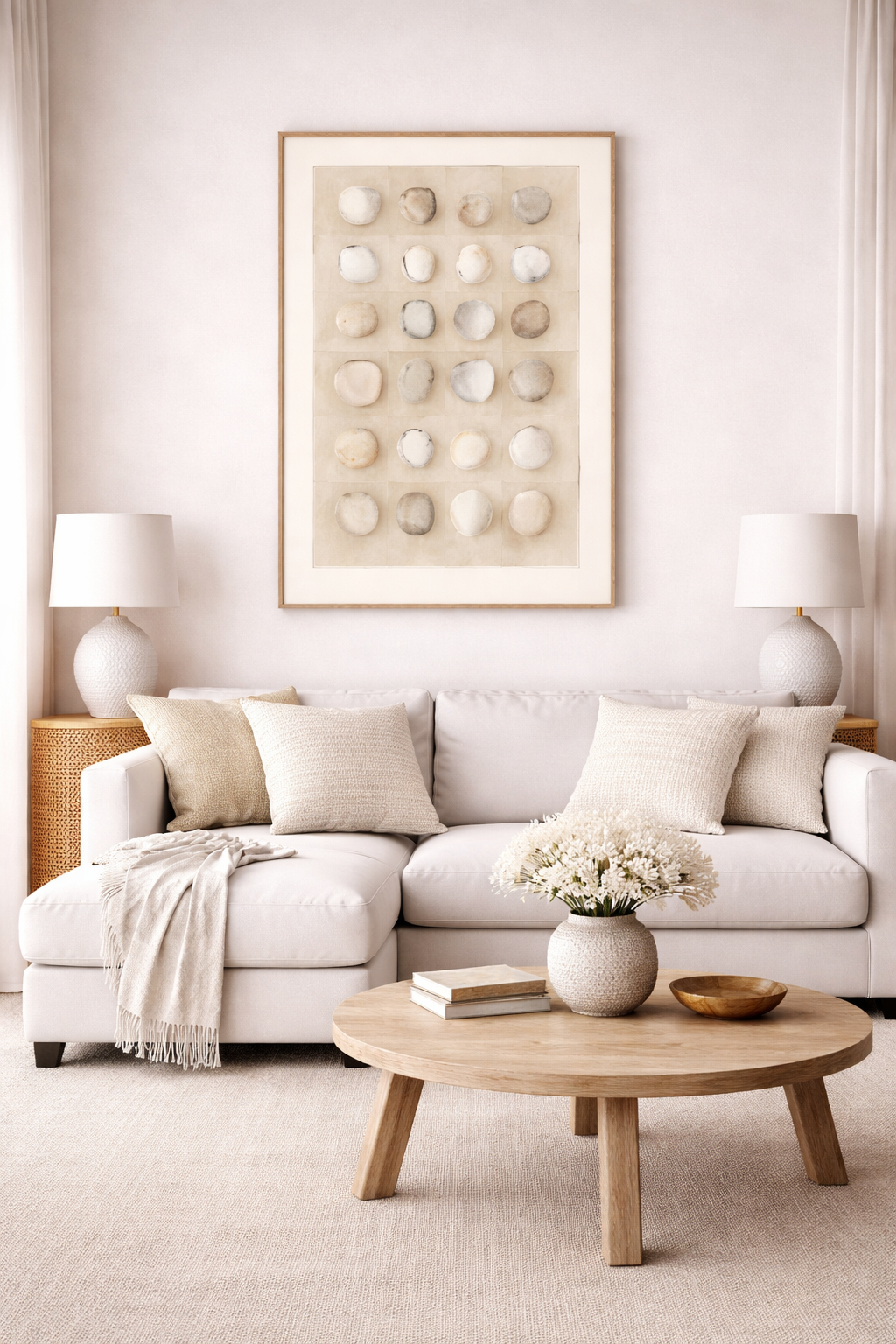 Calm Stones Large - Framed Printed Canvas - Light Natural Frame - 140 x 100cm