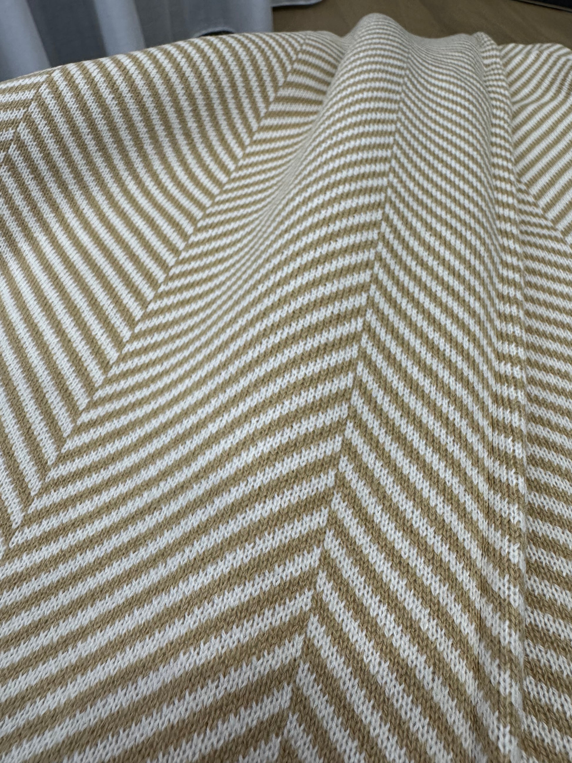 Tan & White Chevron knitted Throw Blanket image 1